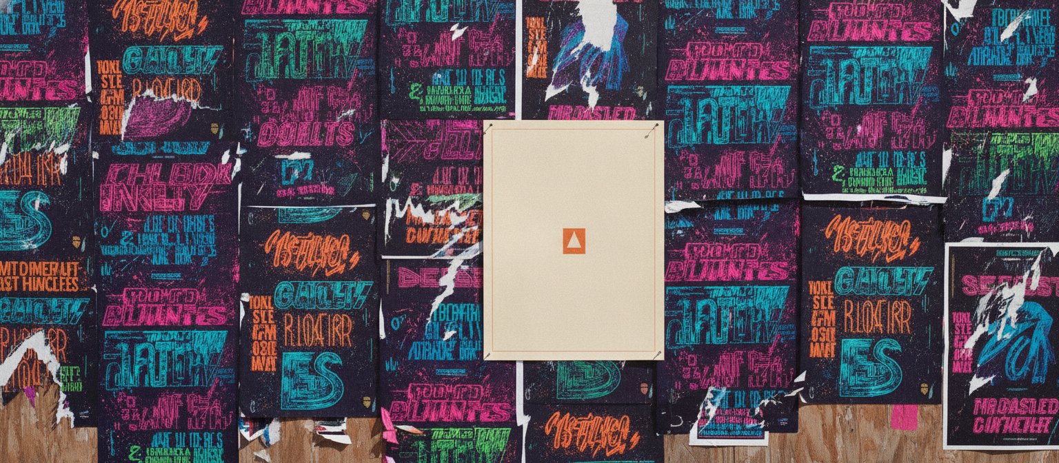 Un muro empapelado con decenas de flyers de neón casi idénticos generados con IA, y un solo póster sereno diseñado a mano entre ellos