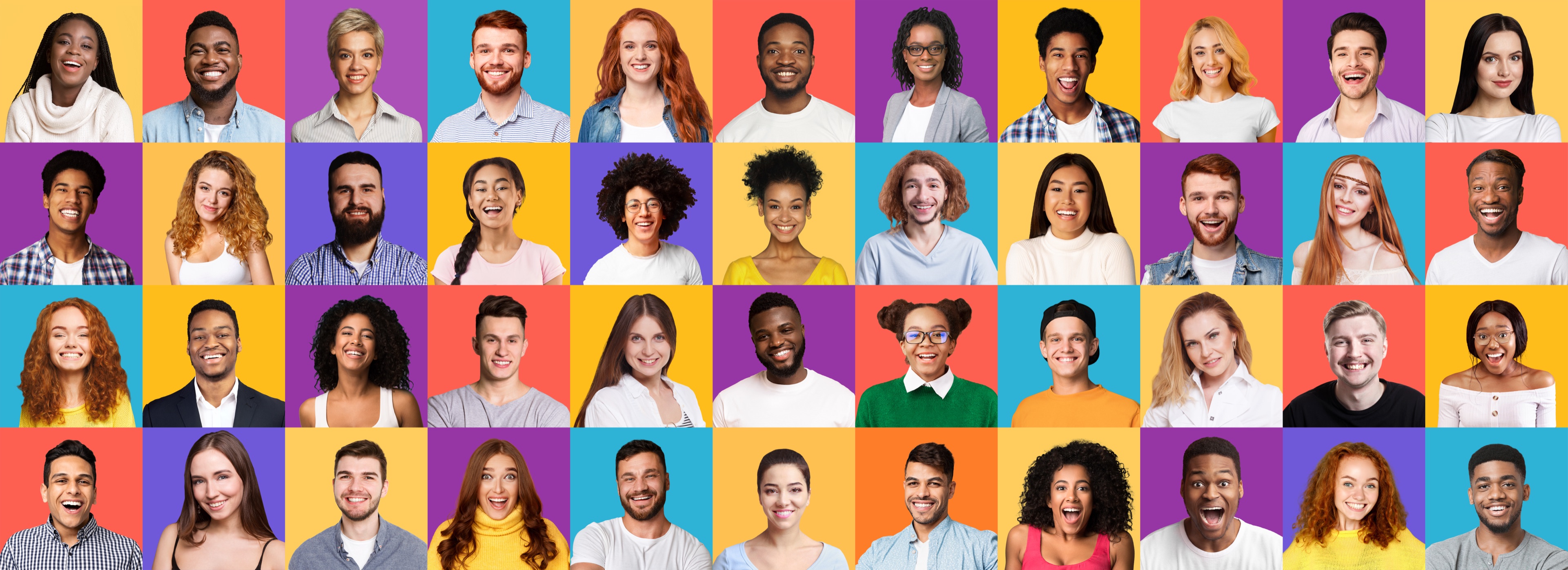 Portrait grid of smiling people on colorful backgrounds.