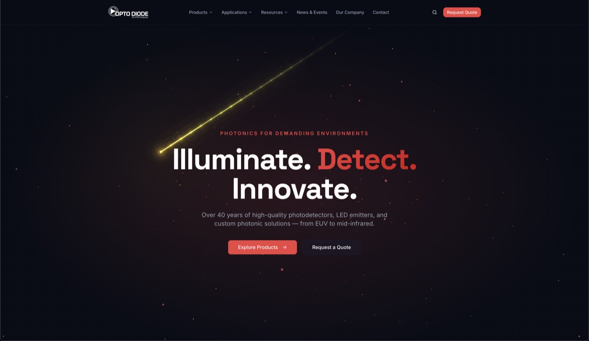 Captura del sitio web rediseñado para un fabricante de fotónica industrial.