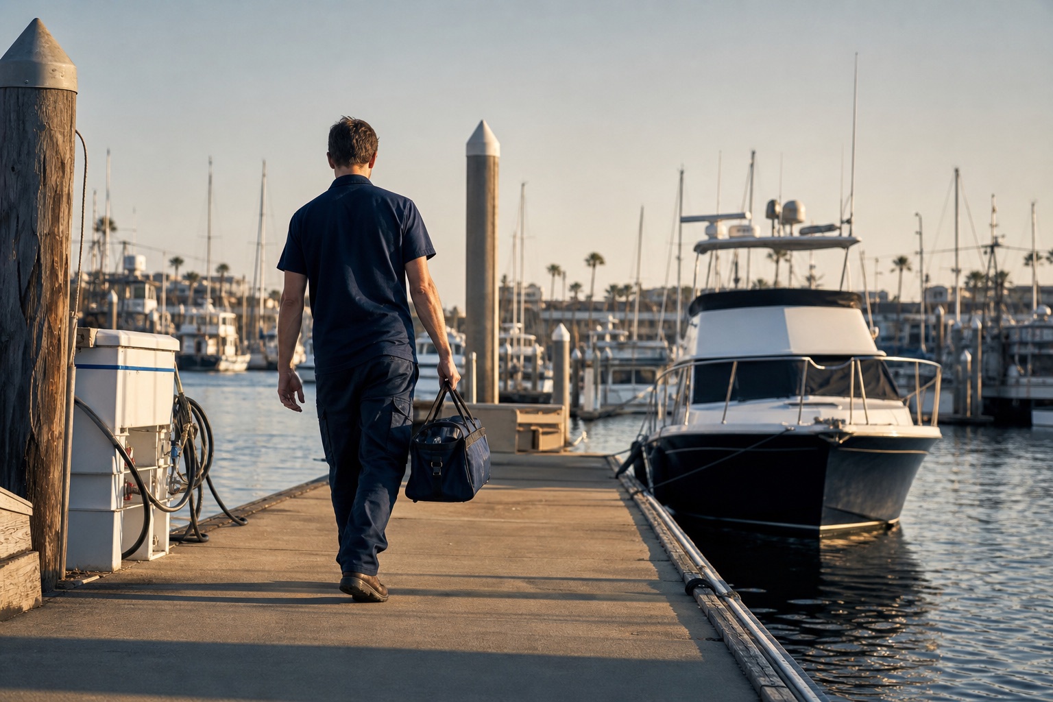 A mobile marine mechanic walking down a dock toward a boat with a tool bag.