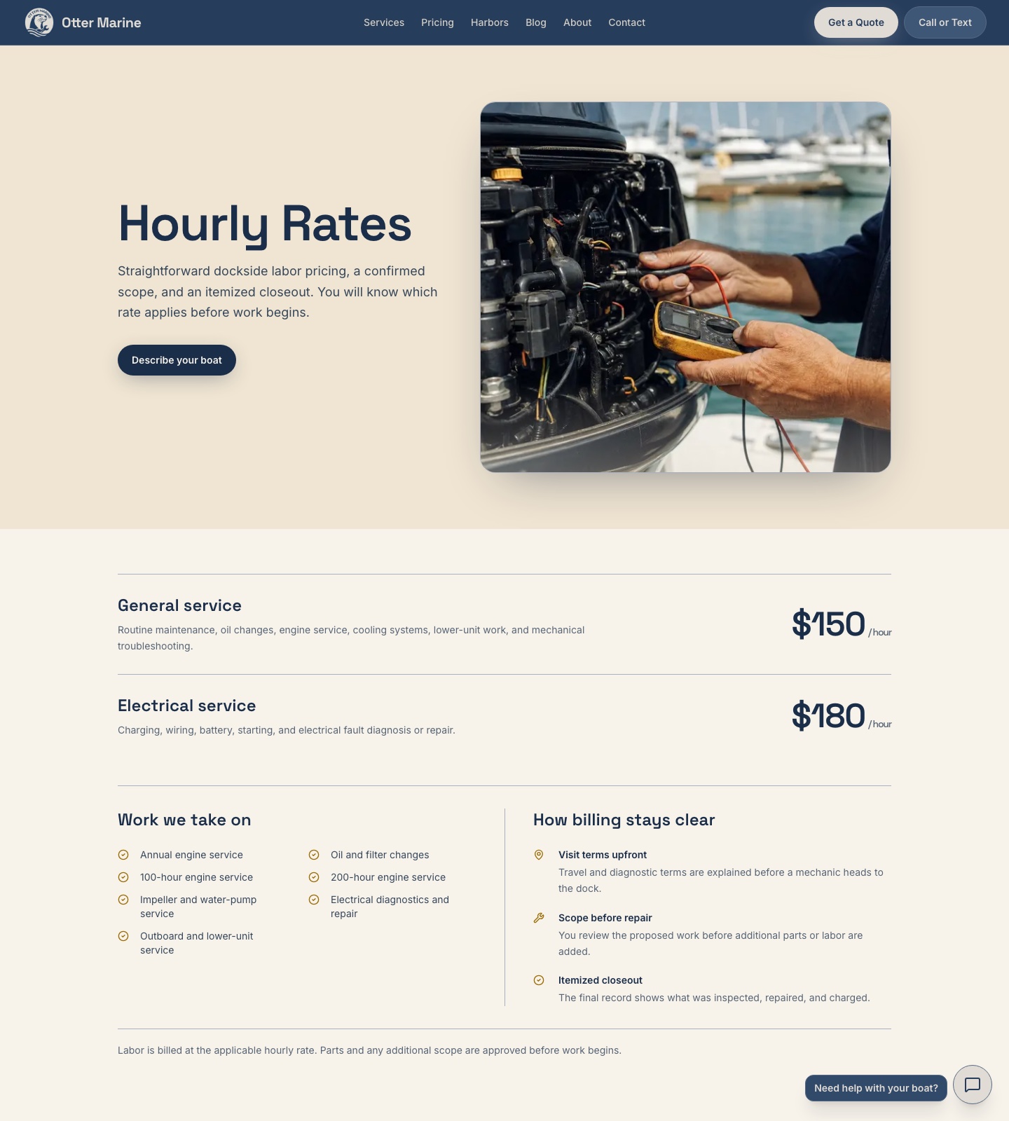 Otter Marine pricing page showing published hourly rates and billing details.