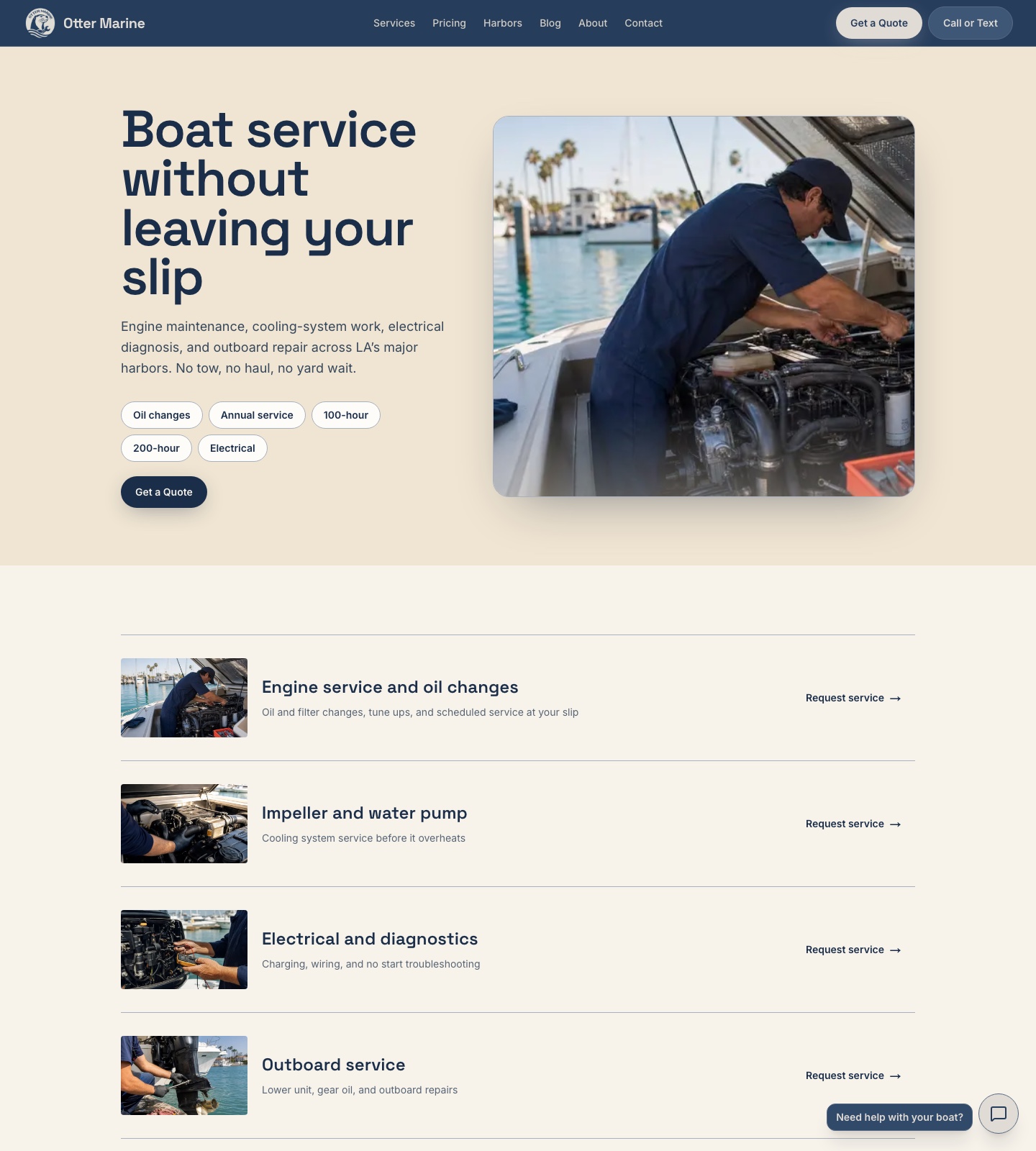 Otter Marine services page with mobile boat repair offerings and a clear quote action.