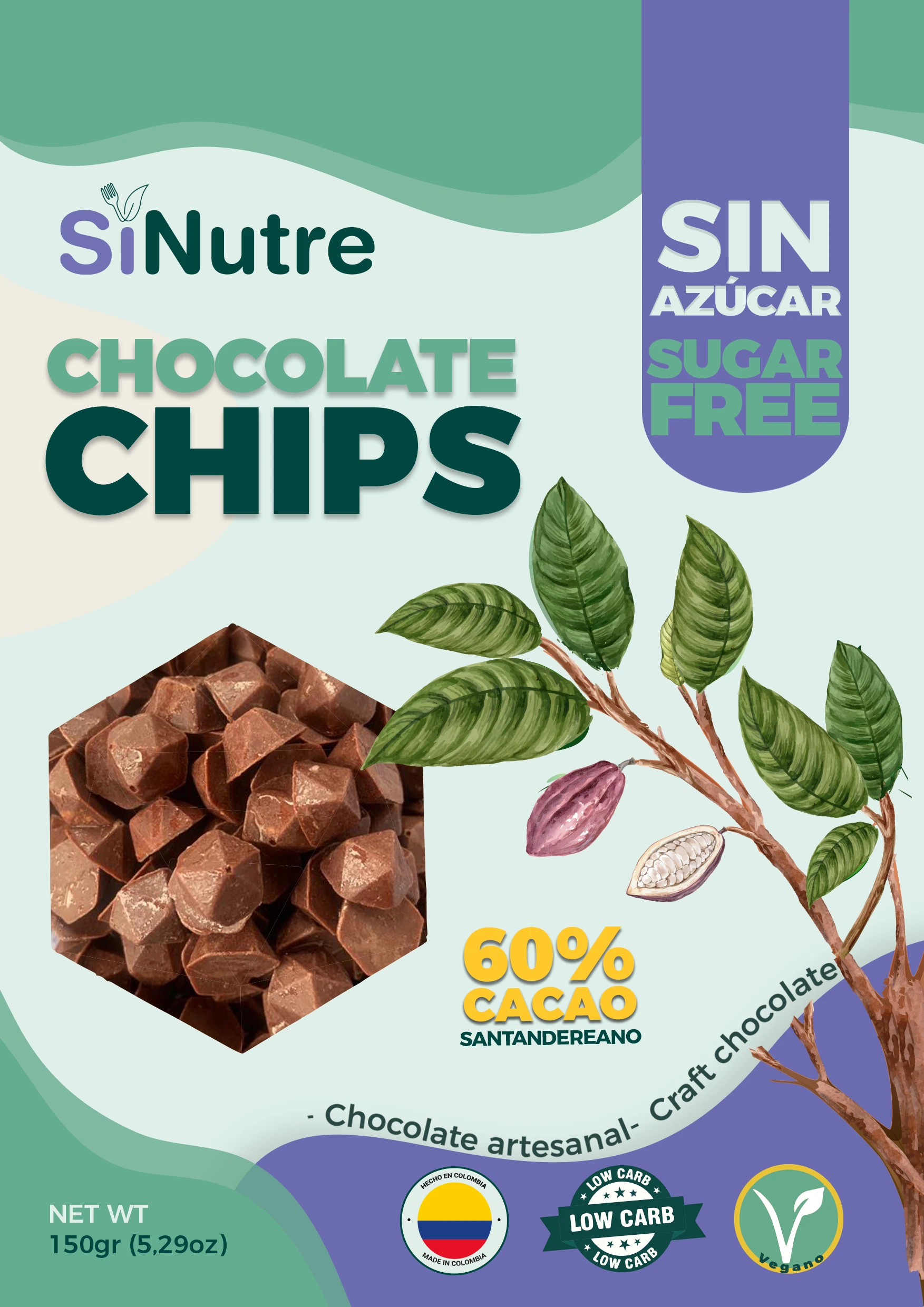Diseño de empaque de chips de chocolate sin azúcar SiNutre con ilustración de cacao y fotografía de producto.