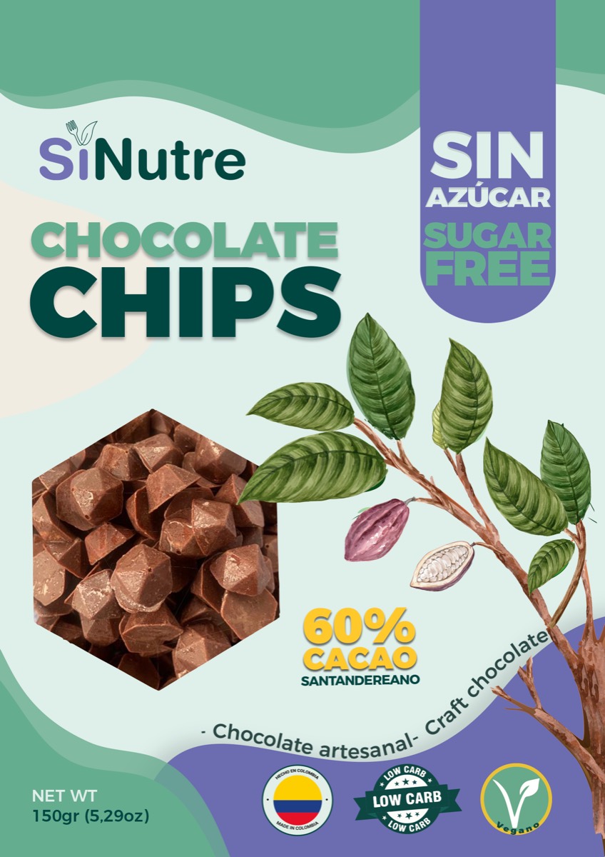 Diseño de empaque de chispas de chocolate sin azúcar SiNutre con ilustración de cacao y fotografía de producto.